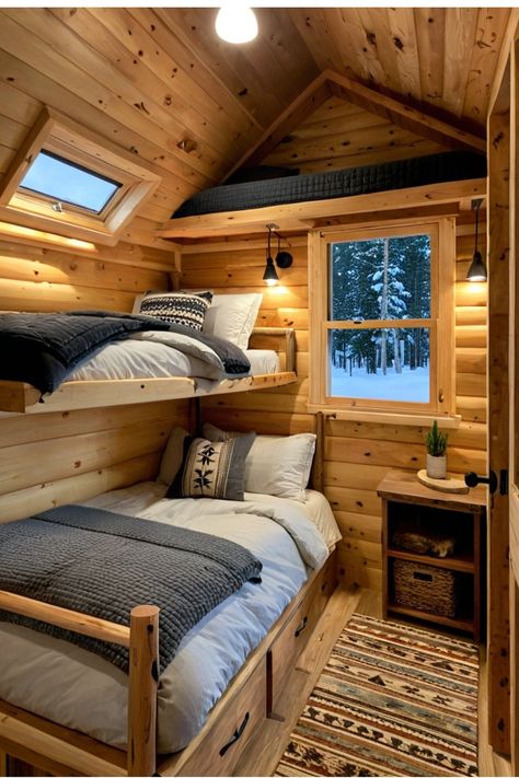 Bunkie Ideas Interiors Guest Cabin, Tiny Cabin Bedroom, Small Cabin Bedroom Ideas, Small Log Cabin Interior, Small Cabin Bedroom, Cabin Interiors Rustic, Luxury Cabin Interior, Tiny Cabins Interiors, Small Cabin Designs