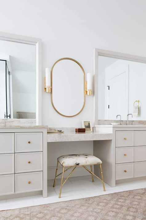 Step inside this absolutely stunning English arts crafts home in Illinois Marble Makeup Vanity, Gold Stool, Kate Marker Interiors, Modern Bathtub, Transitional Bathroom, Modern Farmhouse Bathroom, Vanity Design, Photos Ideas, Makeup Vanity