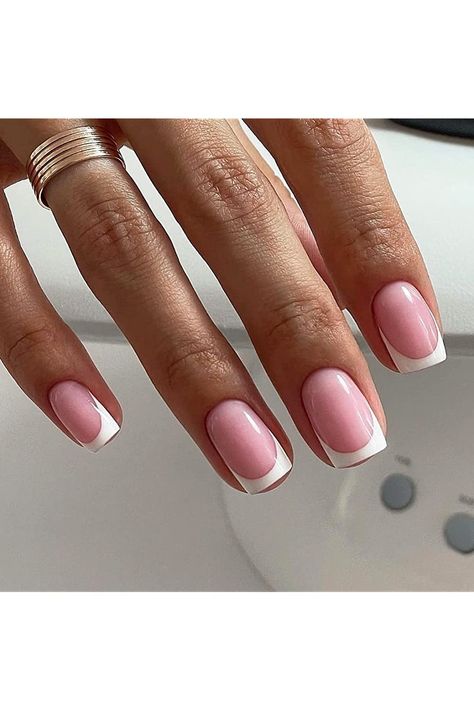 Short Press on Nails, BettyCora Square Nails 24 Pcs 12 Size French Press-On Fake False Nails for Women Pink French Nails Tips, French Nails Tips, French Nails Almond, Pink French Nails, Almond Flower, Press Nails, Medium Coffin, Short Press On Nails, Short Coffin Nails