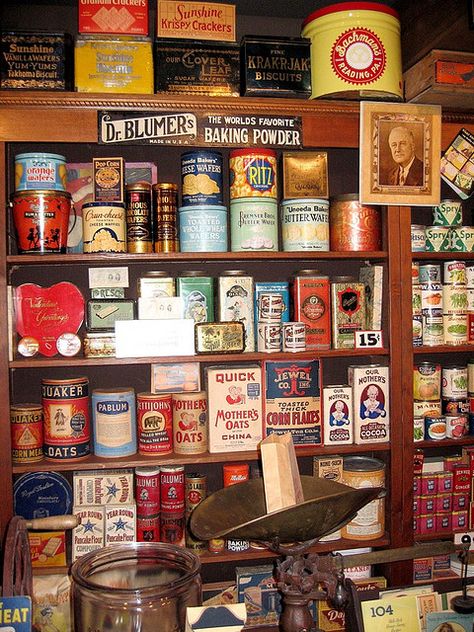 Love these old tins on flicker.com by matuko amini Old General Stores, Old Tins, Lata Vintage, Old Country Stores, Another Country, Wooden Floors, Tin Containers, Omaha Nebraska, Country Store