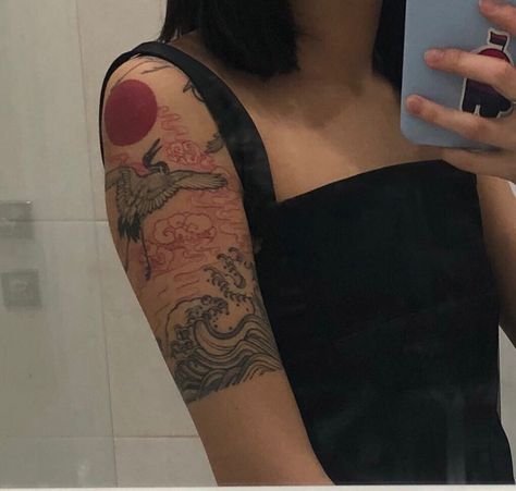 Korean Women Tattoo, Japanese Tattoos Arm Sleeve Woman, Chinese Sleeve Tattoo For Women, Japanese Sleeve Women, East Asian Tattoos, Red Ink Japanese Tattoo, Women Japanese Tattoo, Asian Themed Tattoos, Japanese Sleeve Tattoos Women