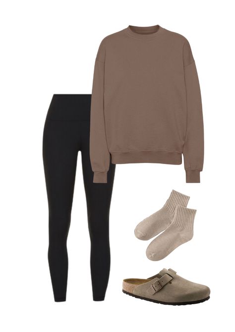 Taupe Sweatshirt Outfit, Fall Outfits Berkinstocks, Taupe Leggings Outfit, Crew Socks Outfit Leggings, Leggings And Birkenstocks Outfit, Black Leggings Outfit Winter Casual, Taupe Birkenstocks, Leggings With Socks Outfit, Berkinstocks Outfit