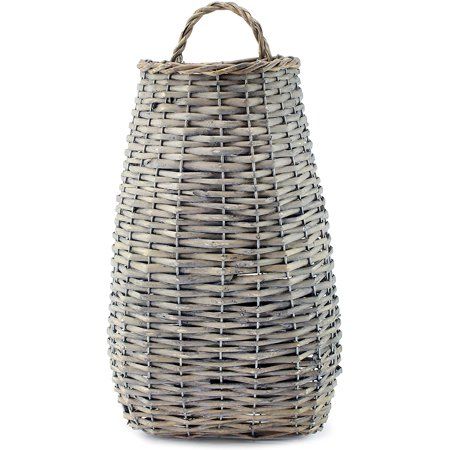 AuldHome Design Large Hanging Door Pocket Basket, Graywashed Primitive Style Our hanging pocket basket is ideal for wall decor, front door, porch decor and more. Use with greenery or dried flowers or even convert to an umbrella holder or storage basket. These baskets would also be ideal for wedding accessory use or to hold a large bridal bouquet. Even create a unique Mother's Day gift. The light gray wash is perfect for spring decor and summer. Not just for the front door or porch, use this in y Long Basket, Farmhouse Gray, Front Door Baskets, Wall Hanging Basket, Wicker Wall, Basket Woven, Umbrella Holder, Wicker Baskets Storage, Unique Mothers Day Gifts