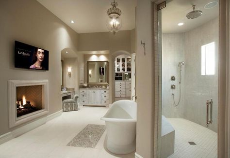 Traditional master bathroom with fireplace walk in shower and makeup counter Luxury Master Bathrooms, Bathroom Fireplace, Large Bathroom, Bathroom Red, Small Bathrooms, Bathroom Design Luxury, Dream Bathrooms, Bathroom Layout, Shower Remodel