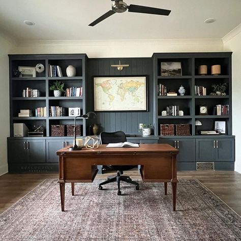 Here are some still shots of our home office makeover.✨ (Swipe for the before.) As you can see, the bookshelves extended the entire length… | Instagram Home Office Design For Men, Men’s Home Office, Masculine Home Offices, Studio In Casa, Blue Home Offices, Masculine Home Office, Office Refresh, Home Office Makeover, Office Paint Colors