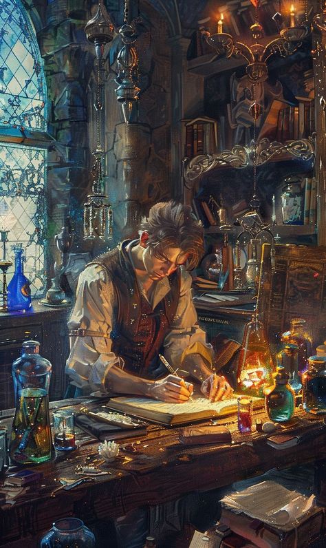 Fantasy Alchemist Outfit, Alchemist Oc Male, Fantasy Scholar Art, Infinity Alchemist, Fantasy Illustration Art Imagination, Alchemist Study, Wizard Studying, Fantasy Wizard Aesthetic, Artificer Workshop