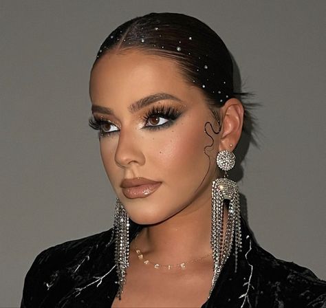 Disco Ball Makeup Look, Dance Show Hairstyles, Ballroom Dance Makeup Looks, Dancer Hairstyles, Rhinestone Ponytail, Ballroom Makeup, Ball Makeup, Carnival Makeup, Dance Makeup