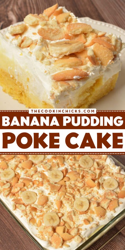 Make some easy Easter sweet treats with this banana pudding poke cake recipe! With only 10 minutes of prep time needed, this banana pudding cake with box cake mix is super quick to put together. Pin this for a Easter dessert idea that's easy to make! Puding Pisang, Keto Pudding, Banana Pudding Poke Cake, Pudding Poke Cake, Easy Banana Pudding, Malva Pudding, Banana Pudding Cake, Avocado Pudding, Best Banana Pudding