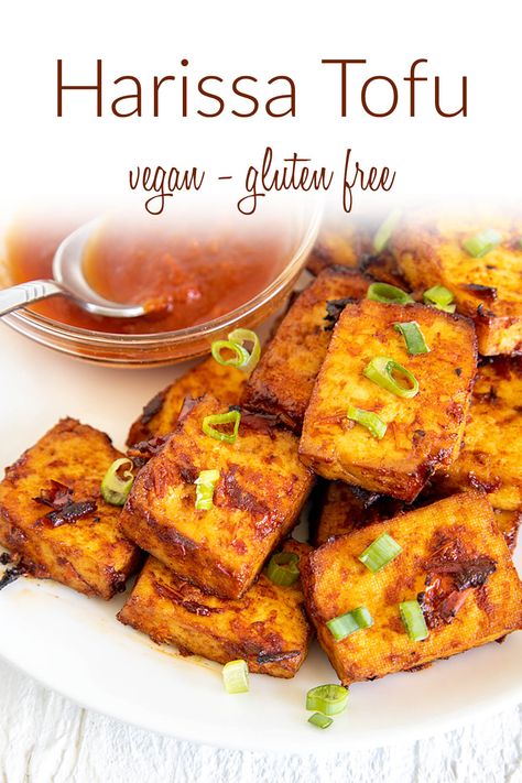 This Harissa Tofu has warming spices. It's packed with flavor and can be used in a variety of dishes. Harissa Tofu, Airfryer Tofu, Spicy Cucumber Salad, Vegan Lunch Recipes, Vegan Side Dishes, Vegan Sides, Baked Tofu, Vegan Dinner, Tofu Recipes