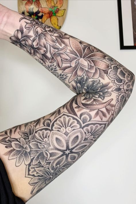 Karen is bookable in London on Tattoodo. Book with Karen via the link! #tattoo #londontattooartist #londontattooist #sleeve #sleevetattoo #geometrictattoo #floraltattoo #flowertattoo #femininesleeve #dotworktattoo Line Work Sleeve, Link Tattoo, Arm Tattoo Design, Geometric Dotwork, Nature Sleeve, Shoulder And Arm Tattoo, Tattoo Design Tattoo, Mom Tattoo Designs, Mom Tattoo