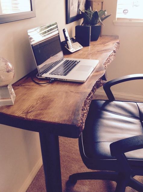 any modern office will be enlivened with a live edge wood desk Live Edge Wood Furniture, Wood Desks, Live Edge Desk, Reclaimed Wood Desk, Desk Diy, Live Edge Furniture, Furniture Office, Metal Building Homes, Live Edge Wood