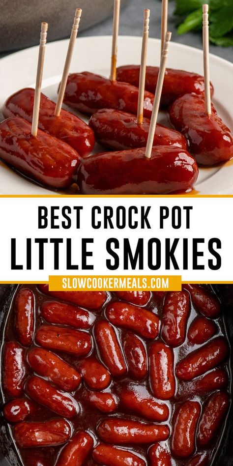 Close up of bbq little smokies on a plate and in a crock pot. Easy Dips For Camping, Easy Recipes No Meat, Best Party Snacks Finger Foods, Crock Pot Food For Party, Cheap No Meat Meals, Easy Gathering Food, Cheap Bbq Food Ideas, Baby Shower Snack Ideas Finger Foods, Easy Birthday Party Food For Kids