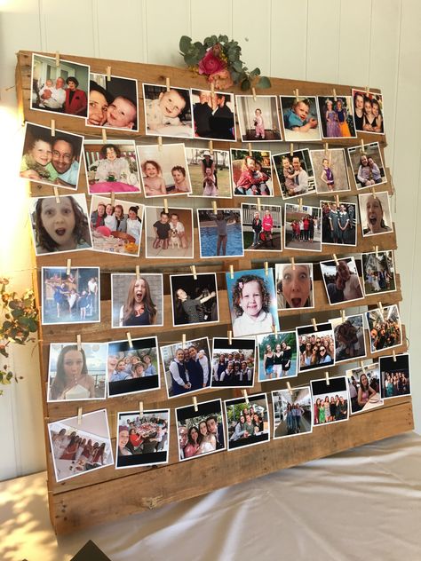 Memorial Photo Ideas, Grad Party Diy, Cheap Graduation Party Ideas, Graduation Picture Display, Party Picture Display, Graduation Picture Boards, Graduation Photo Boards, Photo Board Ideas, Graduation Party Picture Display