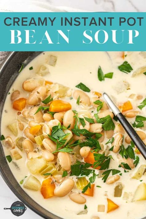 Vegetarian Bean Soup, Bean Soup Instant Pot, Creamy White Bean Soup, Soup Instant Pot, Vegan Ice Cream Recipe, Pot Dinners, Instant Pot Soup Recipes, Great Northern Beans, Stewed Tomatoes