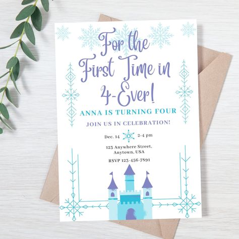 Turning 3 Invitations, Fourth Frozen Birthday, 4 Year Birthday Party Invite, Frozen Sister Birthday Party, Frozen Fourth Birthday Party Invitation, Frozen Birthday Theme Ideas, Frozen Themed Birthday Invitations, First And Fourth Birthday Party, Disney Princess Fourth Birthday Party