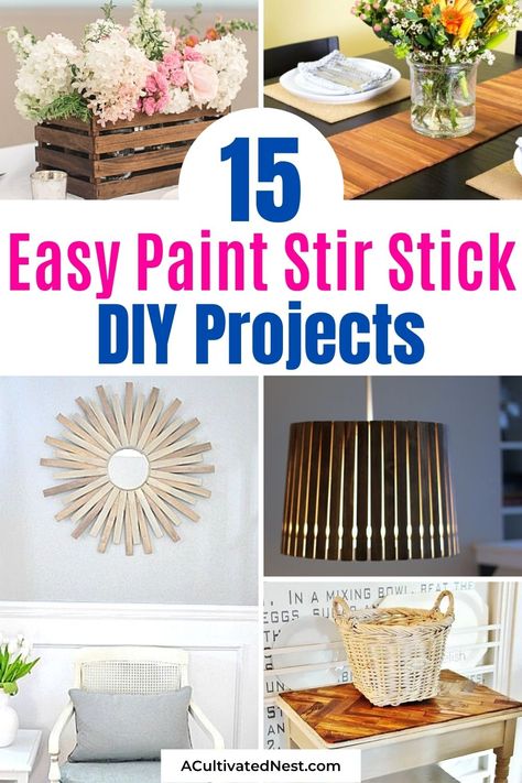 Paint Stir Stick Crafts, Paint Sticks Projects, Painted Sticks Diy, Paint Stick Crafts Diy Projects, Stick Centerpieces, Stick Projects, Paint Stick Crafts, Thrifty Crafts, Paint Stirrers