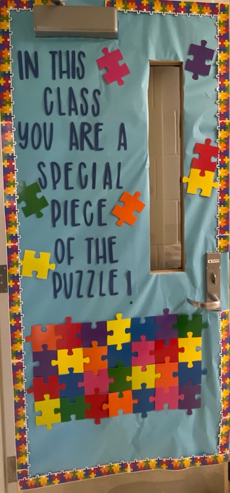 Classroom door decorations with puzzle pieces Elementary Classroom Door, School Doors, Door Decorations Classroom, Classroom Door, Door Decoration, Elementary Classroom, School Classroom, Bulletin Boards, School Stuff