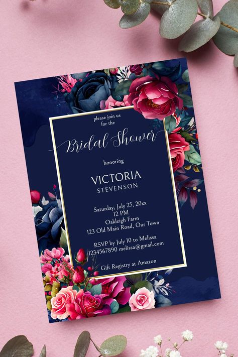 Navy blue burgundy pink peony vintage roses gold frame bridal shower invitation template instant download Magenta Navy Blue Gold Wedding, Pink And Navy Bridal Shower Ideas, Burgundy And Navy Invitations, Navy And Pink Invitations, Fuschia Wedding, Blue And Pink Bridal Shower Invitations, Purple And Gold Wedding, Floral Wedding Invitation Card, White Bridal Shower