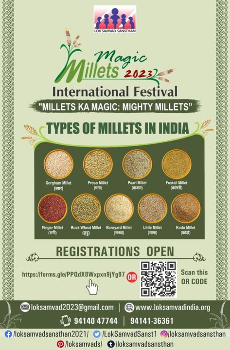 We invite you to our festival REGISTER NOW: https://forms.gle/PPQdX8Wxpxn9jYg97 Magic Millets 2023! International Festival Iconic Week Nutrition Poster, Pearl Millet, Acrylic Rangoli, Millet Recipes, We Are Festival, International Festival, Millet, Wheat, Nutrition