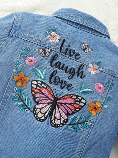 Young Girl Butterfly & Floral Embroidery Denim Jacket Embroidery Denim Jacket, Denim Jacket Embroidery, Jean Diy, Embroidery Denim, Girls Denim Jacket, Painted Denim, Embroidery Fashion, Girls Denim, Denim Jacket Women