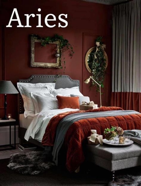 Aries Aesthetics | Fire Sign Home Decor Inspo | Astrology Signs Romantic Bedroom Colors, Bedroom Color Combination, House Beautiful Magazine, Feminine Bedroom, Bedroom Red, Christmas Room Decor, Room Color Schemes, Perfect Bedroom, Red Rooms