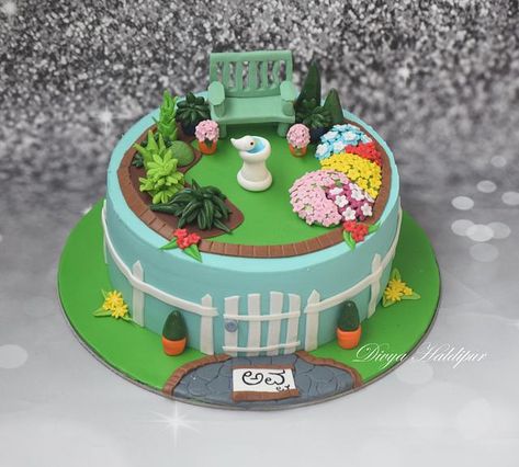 Garden Themed Birthday Cake, Garden Cakes Birthday, 80 Cake, Garden Theme Cake, Creative Plating, Gardening Cake, Fancy Birthday Cakes, Pond Cake, Secret Garden Theme