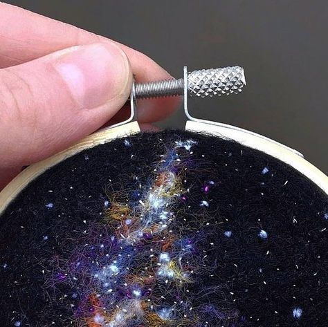 Yuliya Krishchik ★ Space art on Instagram: ""Milky Way in April" Embroidered & needle felted painting’23 Hoop size: 9cm (3,5’’) 📍Available. Link in bio ✉️" Milky Way Embroidery, Felted Painting, Felt Painting, Embroidery Ideas, Needle Felted, Sashiko, Milky Way, Space Art, Embroidery Art