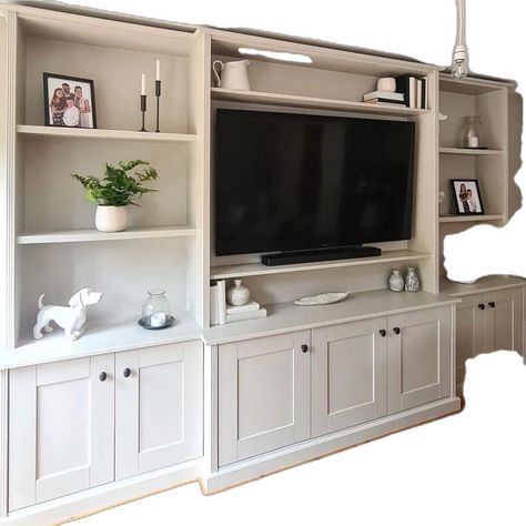 Built In Tv Wall Unit Cottage, Storage Around Tv On Wall, Tv Wall Modern Farmhouse, Tv Shelf Decor Ideas, Entertainment Unit Ideas Living Rooms, Built In Tv Wall Unit With Dog Kennel, Media Wall Bookshelves, Build In Tv Cabinet, Full Wall Bookshelf Living Room