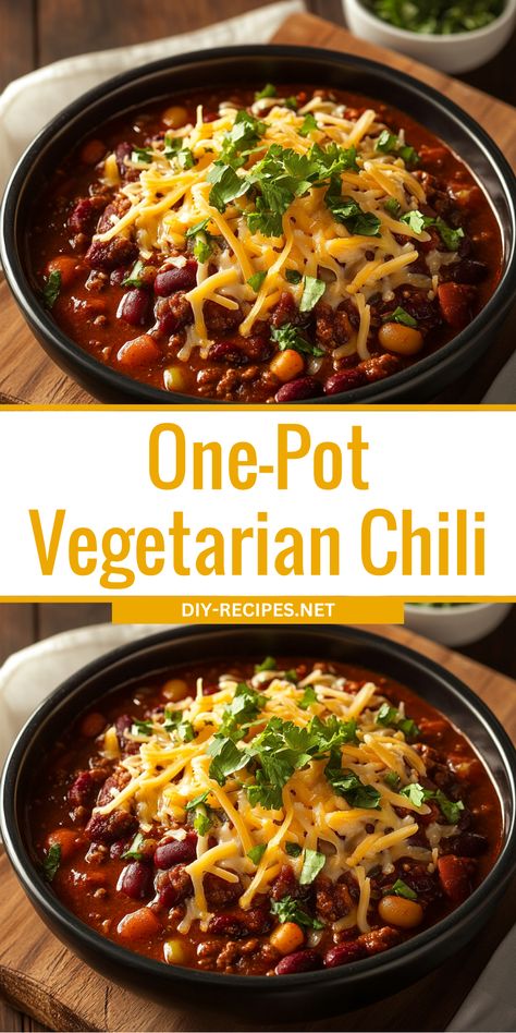 This one-pot vegetarian chili is easy to make and packed with flavor! Beans, veggies, and spices come together for a delicious, comforting dish. Meatless Chili Instant Pot, Vegetarian Chili Butternut Squash, Vegetarian Taco Chili, One Pot Vegetarian Chili, Pescatarian Chili Recipes, Vegetarian Chili With Quinoa, Crockpot Chili No Meat, Chili No Meat Recipe, Beyond Beef Chili