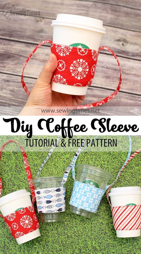 DIY Coffee Sleeve Holder - Free Pattern | Reusable Cup Holder Sewing Tutorial [sewingtimes] Diy Coffee Sleeve, Cup Sleeve Pattern, Coffee Sleeve Pattern, Coffee Cup Crafts, Reusable Coffee Sleeve, Coffee Cups Diy, Sleeve Holders, Sewing Machine Projects, Coffee Cup Sleeves