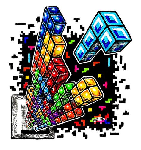 Tetris Drawing, Tetris Art, Gaming Illustration, Tetris Design, Tetris Game, Game 2d, Gaming Posters, Gaming Tattoo, Game Interface