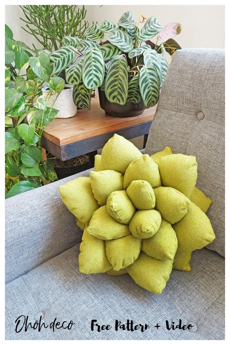 DIY Fabric Succulent Pillow Free Sewing Patterns | Fabric Art DIY Succulent Pillow, Pillow Sewing, Unique Decorative Pillows, Green Velvet Fabric, Fabric Sewing Patterns, Garden Pillows, Fabric Houses, Floral Pillows, Easy Sewing Projects