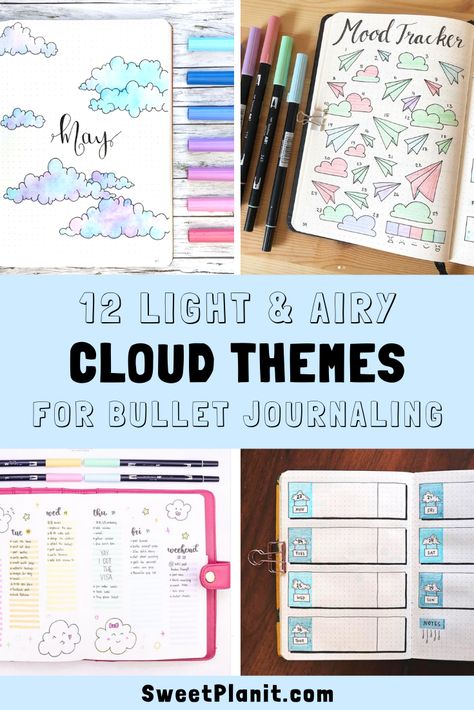 Easy to create CLOUD theme pages for your bullet journal. Pages include monthly and weekly spreads, habit trackers, and mood trackers. These light and airy pages are a fun addition to any bujo spread. #bulletjournal #bulletjournaling #clouds #pageideas #spreads #themes Cloud Bujo Theme, Clouds Theme, Mood Journal, Bullet Journal Pages, Bullet Journal Month, Cloud Theme, Note Ideas, Tracker Ideas, Zebra Mildliner