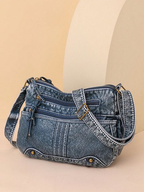 Blue Casual,Fashionable Collar  Polyamide Plain Messenger Bag Embellished   Women Bags Azul Vintage, Jean Purse, Mothers Bag, Denim Crossbody, Denim Handbags, Denim Purse, Denim Shoulder Bags, Denim Crafts, Wholesale Handbags