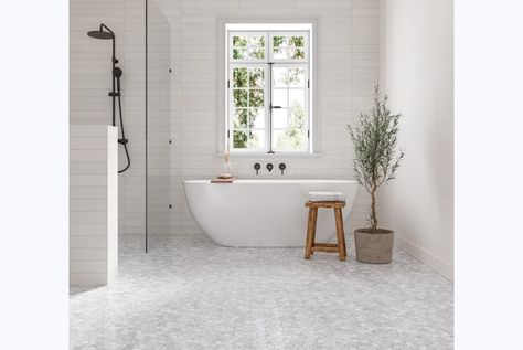 Allora Tile and Monet Mosaic in Bath Monet Marble, White Marble Mosaic, Bedrosians Tile, Traditional Baths, White Mosaic, Honed Marble, Marble Mosaic Tiles, Porcelain Floor Tiles, Porcelain Flooring