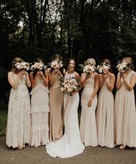 Cream Bridesmaids, Cream Bridesmaid Dresses, Beach Bridesmaid, Mikaella Bridal, Bridesmaid Dresses With Sleeves, Neutral Wedding, Bridesmaids And Groomsmen, Rustic Chic Wedding, Wedding Goals