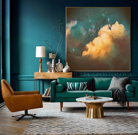 Teal Accent Walls, Clouds Painting, Teal Interiors, Minimalist Canvas Art, Teal Living Rooms, Teal Decor, Paint Trends, Teal Wall Art, Teal Bedroom