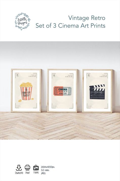 This set of 3 retro vintage movie cinema art prints is perfect to decorate your home theatre, TV room, kitchen or home bar and would also make a great housewarming gift or be an ideal present for movie lovers.
Comes as an instant digital download or in various print sizes. Home Theatre Wall Art, Movie Lounge Ideas, Retro Movie Theater Decor, Movie Theme Living Room, Popcorn Poster, Cinema Room Decor, Cinema Gift, Film Action, Vintage Popcorn