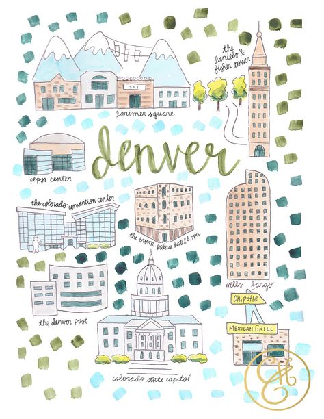 Denver Map Print Illustration Map, Evelyn Henson, Wanderlust Art, Hand Drawn Map, International Flights, Landing Pages, Illustrated Map, Travel Maps, City Maps