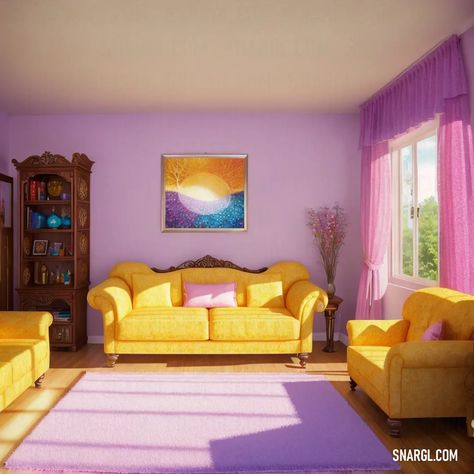 Living room with a purple and yellow theme and a pink rug on the floor. PANTONE, PANTONE 100. Amazing interior design. Follow us and visit our site for more amazing content! #tips #idea #diningroom #illustration #bedroom #creative #amazing #photo #pattern #rug #lighting #PANTONE #floor #kitchen #pink Purple Themed Living Room, Purple And Yellow Living Room, Yellow And Purple Room, Lavender Living Room, Yellow Hallway, Dopamine Design, Illustration Bedroom, Color Aura, Amazing Interior Design