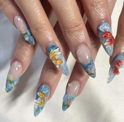 Koi Fish Nails, Fish Nails, Custom Press On Nails, Hello Nails, Grunge Nails, Set Designs, Long Square Acrylic Nails, Unique Acrylic Nails, Fire Nails