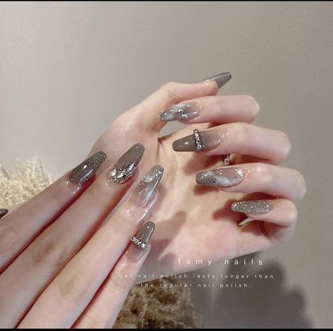 Gray Korean Nails, Grey Korean Nails, Cloud Nails, 3d Nail Art Designs, 3d Flower Nails, Korean Nail Art, Art Deco Nails, Super Cute Nails, Asian Nails