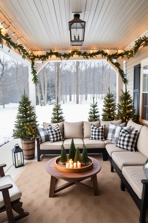 Christmas Deck Decorations, Christmas Deck Decorating Ideas, Christmas Decor Patio, Porch Christmas Lights, Cozy Sectional, Winter Porch Decor, Winter Backdrop, Mini Christmas Trees, Outdoor Christmas Decoration Ideas