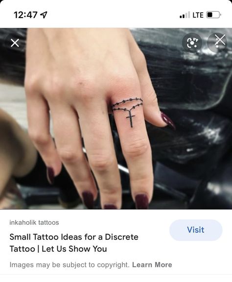 Rosery Tattoos On Finger, Cross Ring Finger Tattoo, Rosary Finger Tattoos For Women, Tatoos Woman Rosary, Finger Rosary Tattoo, Rosary Finger Tattoo, Tats Designs, Cross Finger Tattoos, Girl Finger Tattoos