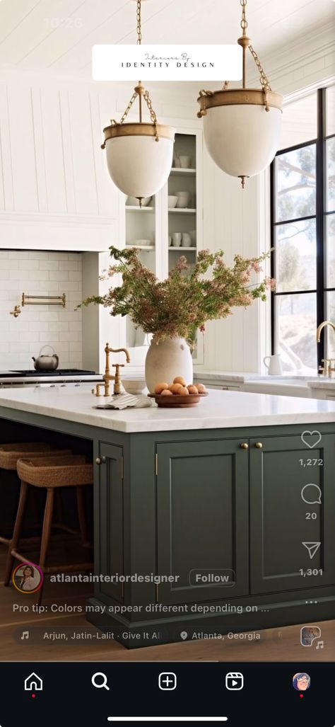 Benjamin Moore Artichoke, Artichoke Kitchen, Olive Green Kitchen, Island Kitchen, Green Kitchen, Benjamin Moore, Artichoke, Identity Design, Main Street