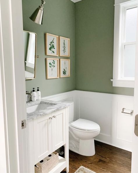 Alaina Kaz on Instagram: "Nothing like following up a photo of my babies with a photo of a bathroom... hah but this is a room I rarely show! The color is Lichen by @farrowandball - have any of you tried this trending sage green color in your home? Would you? We get so many compliments on it from guests! #powderroom #farrowandball // all items including @kohler bathroom hardware and faucet are linked here http://liketk.it/2Jhtw #liketkit @liketoknow.it #ltkhome #schmiedskifirsthome" Green And White Bathroom, Green Small Bathrooms, Green Powder Room, Green Bathroom Paint, Small Half Bath, Bathroom 2024, Green Bathroom Vanity, Powder Room Remodel, Ohio House