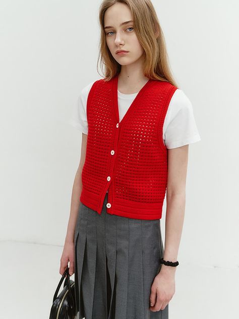 This is a modern and comfortable vest by Dunst for WOMEN that is made out of high quality cotton 100% fabric. With unique design detail and trendy mood, you can style it for your casual and refined daily outfit.- Soft touch of cotton crochet fabric- Button closure on the front- Feminine and trendy mood Red Knitted Vest Outfit, Red Knit Vest Outfit, Red Sweater Vest Outfit, Red Vest Outfits For Women, Knit Vest Outfits For Women, Red Vest Outfit, Knitted Vest Outfit, Crochet Vest Outfit, Knit Vest Outfit