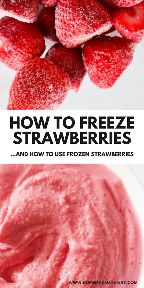 Learn how to freeze strawberries and how to use frozen strawberries to make delicious strawberry recipes like healthy strawberry ice cream, strawberry jam and strawberry smoothies! Fresh Strawberry Smoothie Recipe, Healthy Strawberry Ice Cream, Frozen Strawberry Recipes, Freeze Strawberries, Freezing Strawberries, Smoothie Recipes Strawberry, Healthy Strawberry, Freeze Dried Strawberries, Strawberry Smoothie