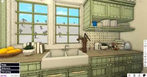 Bloxburg Kitchen Green, Cottage Color Palette Bloxburg, Mood Station Bloxburg Aesthetic, Bloxburg Victorian House Ideas, Bloxburg Grandma House, Bloxburg Vintage Kitchen, Cottage Color Palette, Bloxburg Victorian House, Sage Green House