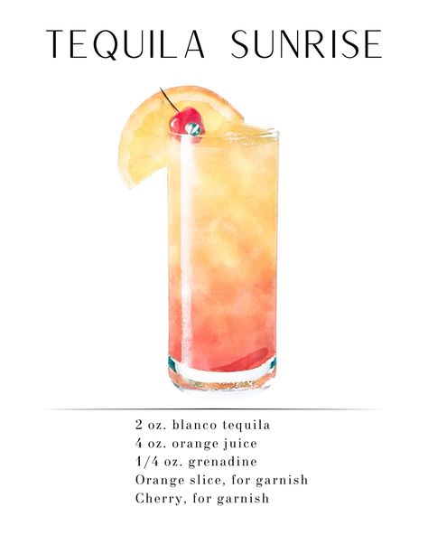 Flirty, fruity, and fun? This Tequila Sunrise printable recipe and artwork (dual purpose!) is the perfect piece for your kitchen or bar cart area.  This product is available for an instant download and scaled for a perfect 8x10 size. Just purchase, print, and frame! No frame or physical product will be sent to you; this is a digital product. Tequila Sunrise Recipe, Bartender Drinks Recipes, Fun Drinks Alcohol, Bartender Drinks, Pretty Alcoholic Drinks, Cocktail Drinks Alcoholic, Drink Recipes Nonalcoholic, Mixed Drinks Alcohol, Yummy Alcoholic Drinks